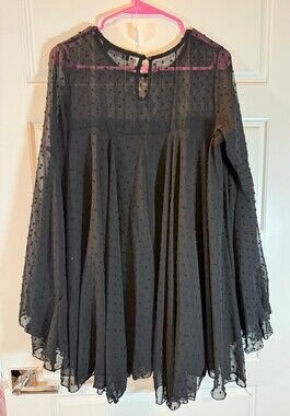 WOWO Black Sheer Polka Dot Dress with Flared Sleeves